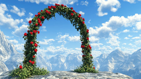 A stunning floral arch adorned with vibrant roses frames a breathtaking mountain landscape under a bright sky, perfect for romantic occasions and celebrations.の素材