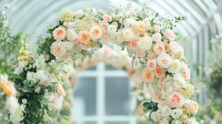 A stunning floral archway brimming with soft pastel roses and delicate greenery in a beautifully lit greenhouse. Perfect for weddings and events.の素材