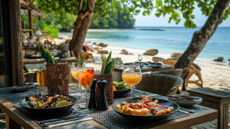 A beautifully arranged beachside dining table showcasing fresh seafood and tropical cocktails, set against a stunning ocean backdrop perfect for a relaxing getaway.の素材