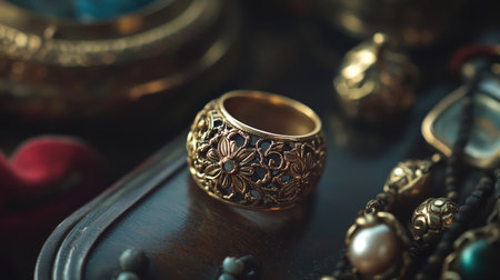 An elegant vintage floral ring rests on an antique wooden surface, surrounded by jewelry pieces. This close-up captures intricate designs and textures, perfect for showcasing craftsmanship and beauty.の素材