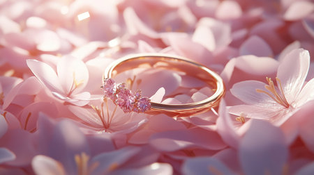 This exquisite gold ring adorned with pink gemstones rests gently on soft flower petals, creating a serene and romantic atmosphere perfect for celebrating love and beauty.の素材