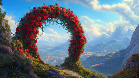 An enchanting garden archway adorned with vibrant red roses invites visitors to a serene landscape featuring majestic mountains and a bright sky.の素材
