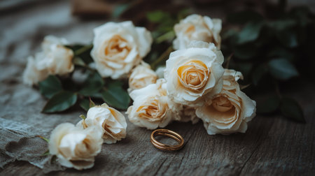 A stunning arrangement featuring elegant roses and a gold ring resting on a rustic wooden surface, perfect for evoking feelings of love and romance in any decor.の素材