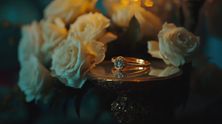 A beautiful gold ring rests elegantly on a decorative plate surrounded by soft white roses, creating a romantic and luxurious atmosphere ideal for weddings or special occasions.の素材