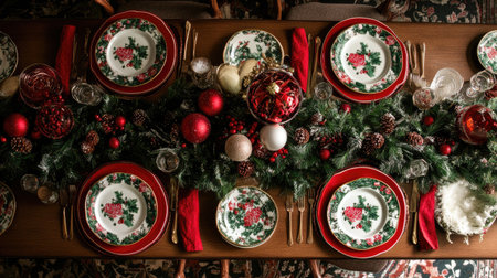 Experience the charm of a beautifully arranged holiday dining table adorned with elegant plates, festive decor, and rich colors, perfect for gatherings.の素材