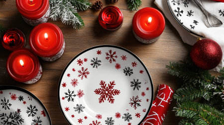 A cozy holiday dining setup featuring decorative plates with snowflakes, red candles, and festive greenery, perfect for creating a warm atmosphere.の素材