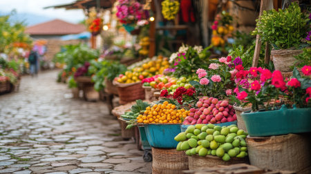 Explore a lively market filled with colorful flowers and fresh fruits, showcasing the beauty of nature and local produce. Perfect for capturing vibrant lifestyle and outdoor shopping scenes.の素材