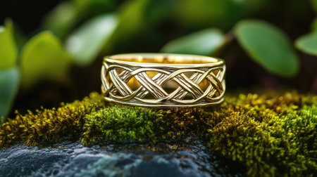 A stunning gold ring featuring an intricate woven design, beautifully positioned on a bed of moss showcasing its elegance and craftsmanship in a natural setting.の素材