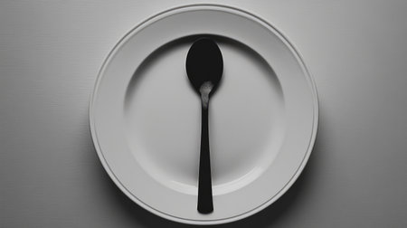A minimalist scene featuring an empty white plate and a sleek black spoon, perfect for food styling and culinary presentations in modern dining settings.の素材