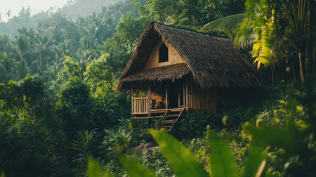 A charming bamboo cottage nestled in a vibrant green forest, showcasing eco-friendly architecture amidst a tranquil and serene landscape. Perfect for nature lovers.の素材