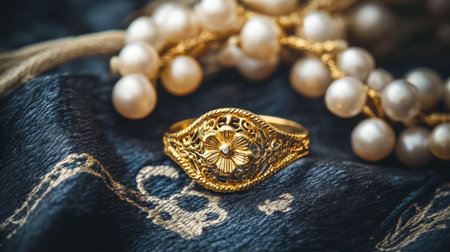 This stunning gold ring features an intricate floral design, beautifully showcased alongside lustrous pearls on dark fabric, perfect for elegant styling.の素材