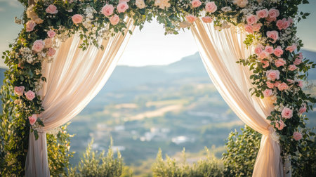 An elegant floral arch adorned with soft drapes and roses creates a stunning backdrop for a romantic outdoor wedding ceremony, surrounded by breathtaking scenery.の素材