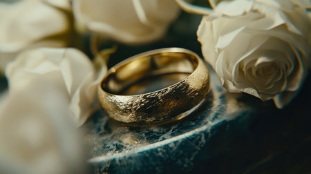 This stunning close-up features a gold ring nestled among white roses, set against a dark stone surface, symbolizing love and elegance in a romantic composition.の素材