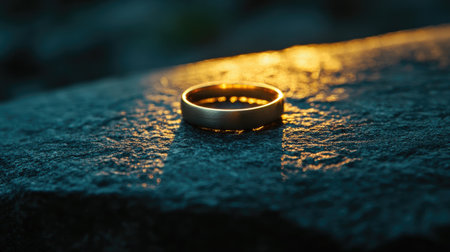 A stunning close-up of a golden ring resting on a textured stone surface, illuminated by soft sunset light, creating a serene and romantic atmosphere.の素材