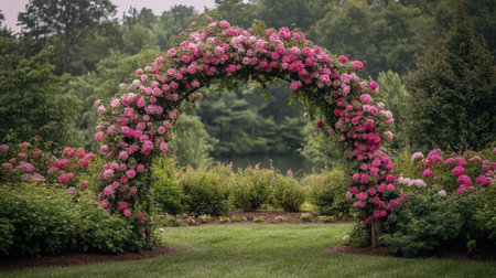 A beautiful floral archway adorned with vibrant pink blossoms invites visitors into a serene garden. Lush green plants surround the pathway, creating a tranquil and picturesque scene.の素材