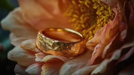 A stunning gold ring elegantly positioned on the soft petals of a flower, capturing the essence of romance and luxury. Ideal for wedding and jewelry themes.の素材