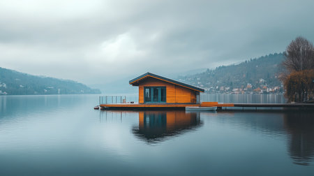 A serene wooden cabin floating on calm waters, with misty mountains in the background. This tranquil scene captures the essence of a peaceful retreat in nature.の素材