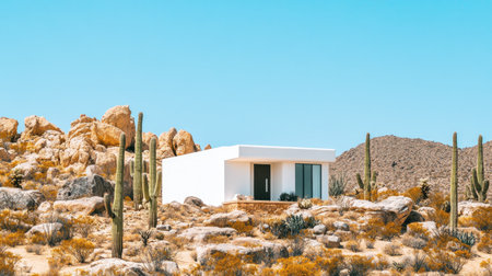 A modern minimalist house sits amidst striking desert rocks and cacti, showcasing contemporary architecture. The serene environment offers a perfect retreat in nature.の素材