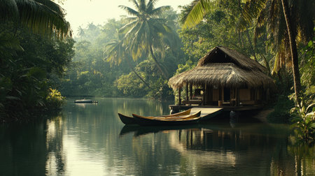 Experience the tranquility of a riverside retreat with a charming cottage nestled amidst lush tropical scenery, inviting you to embrace nature's beauty.の素材