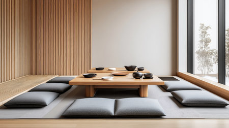 A tranquil Japanese dining room featuring a wooden table, tatami mats, and gray cushions, exuding minimalist aesthetics and serene ambiance.の素材