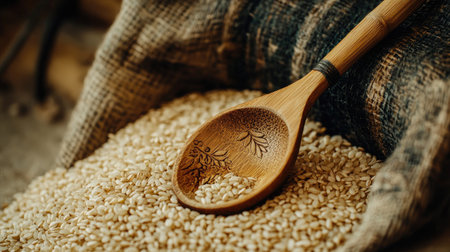 A beautiful wooden spoon rests on a bed of sesame seeds against a rustic burlap background, showcasing the natural textures and elegant design of the spoon, perfect for culinary use.の素材