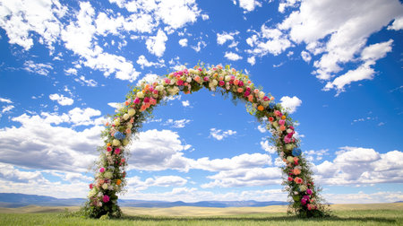 A stunning floral arch adorned with vibrant flowers under a bright blue sky. This scenic outdoor setup is perfect for weddings, celebrations, or events.の素材