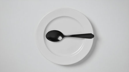 A minimalist setup featuring a black spoon placed on a white plate against a simple white background. Ideal for modern culinary designs or kitchen decor.の素材