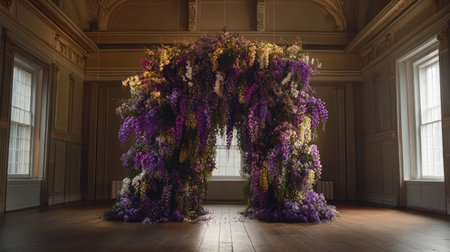 This stunning floral arch features vibrant purple and white flowers in a beautifully lit interior, perfect for events. The arrangement creates a striking focal point.の素材