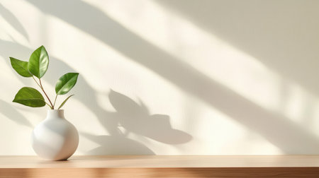 A minimalist design featuring a simple white vase with green leaves on a wooden table. Soft shadows create a serene and calming atmosphere ideal for home decor.の素材