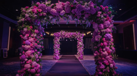 Stunning floral archway creates an elegant setting for a wedding ceremony. Rich purple blooms and soft lighting enhance the romantic ambiance of the venue.の素材