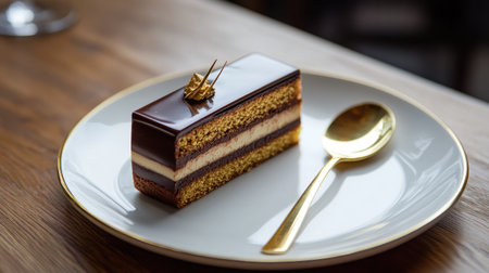 An exquisite slice of gourmet chocolate cake elegantly presented on a white plate, featuring rich layers and a shiny gold decoration, perfect for special occasions.の素材