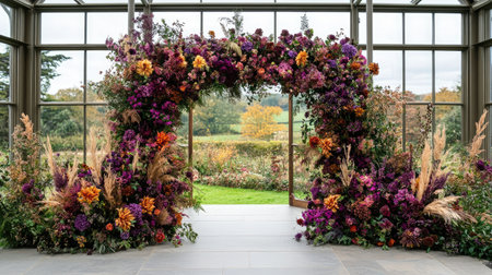 A stunning floral arch featuring a rich array of colors and textures, set against a natural backdrop. Perfect for events or celebrations in any season.の素材