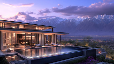 Stunning luxury villa features a serene pool and breathtaking mountain views at sunset. Perfect blend of modern architecture with tranquil landscape.の素材
