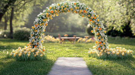 A stunning floral archway adorned with vibrant flowers leads to a serene garden setting, perfect for celebrations and romantic events.の素材