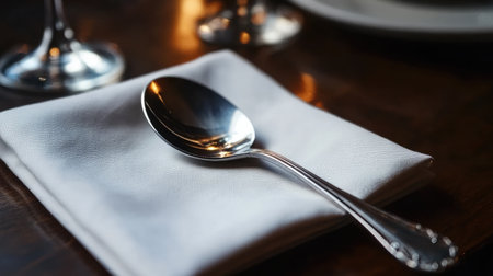 A beautifully arranged table setting featuring a shiny silver spoon resting on a white napkin. Ideal for culinary themes and elegant dining concepts.の素材