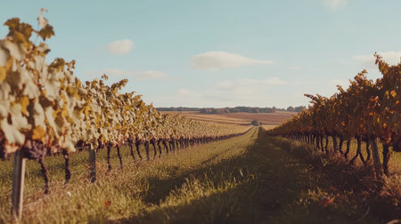 A picturesque vineyard landscape featuring neatly arranged rows of grapevines under a clear blue sky, embodying the tranquility of rural agriculture.の素材