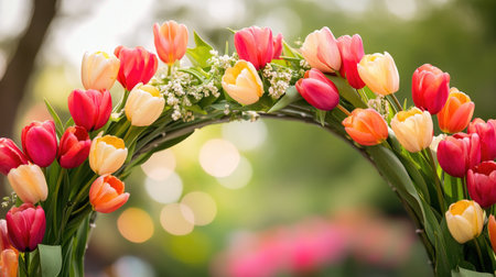 A stunning arch of vibrant tulips in various shades enhances the garden's beauty, creating a perfect backdrop for spring events and romantic moments.の素材