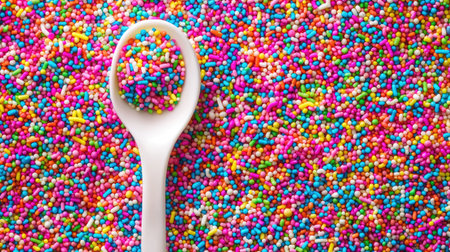 A vibrant array of colorful sprinkles fills the frame, with a white spoon capturing the lively mix. Perfect for party themes and baking inspiration.の素材