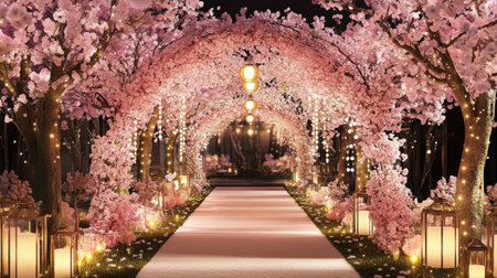 A stunning pathway adorned with cherry blossoms and glowing lanterns. This magical scene captures the essence of spring, perfect for weddings and events.の素材
