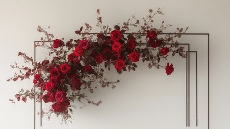 A stunning arrangement of vibrant red roses intertwined with delicate greenery, creating an elegant floral display ideal for special occasions or interior decoration.の素材