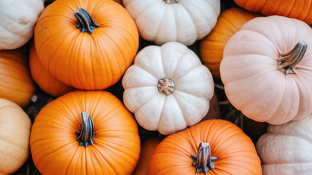 A close-up view of vibrant orange and white pumpkins arranged beautifully. Ideal for autumn-themed decorations and seasonal harvest displays, evoking a cozy, festive spirit.の素材