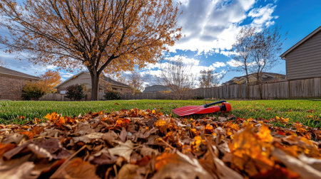 A picturesque autumn scene featuring a rake amidst vibrant fallen leaves and a tree under a bright blue sky, capturing the essence of seasonal change and outdoor beauty.の素材