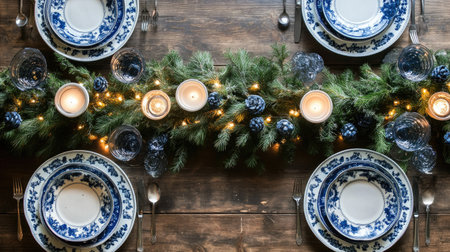 A beautifully arranged festive table setting featuring elegant blue plates, glowing candles, and fresh pine greenery, perfect for holiday gatherings.の素材