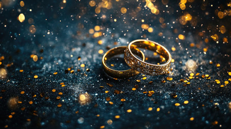 Two stunning gold wedding rings sit elegantly on a dark surface, surrounded by a magical display of glittering lights, symbolizing love and commitment.の素材