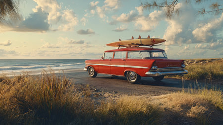 A vintage red car with surfboards on top parked by the beach at sunset. The scene captures the essence of travel, adventure, and relaxation by the ocean.の素材