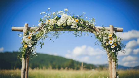 This beautiful rustic floral arch adorned with assorted flowers creates a stunning backdrop for an outdoor wedding ceremony under a clear blue sky.の素材