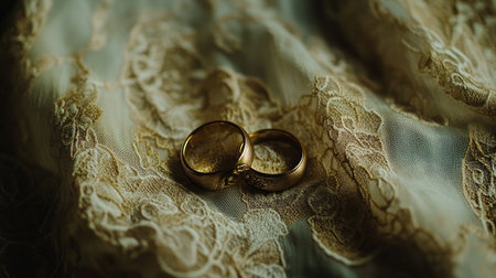 Beautifully crafted golden wedding rings rest on delicate lace fabric, symbolizing love and commitment. This artistic close-up captures the elegance of romance.の素材