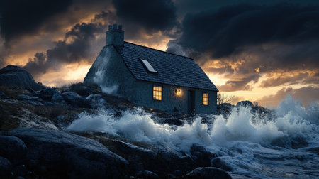 A charming cottage stands resiliently by the sea as turbulent waves crash against the rocky shore, illuminated by warm light. A breathtaking stormy sunset enhances the scene.の素材