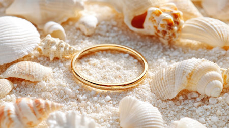 A beautiful golden ring placed delicately on soft white sand, surrounded by various sea shells. This serene beach scene captures the essence of love and nature.の素材