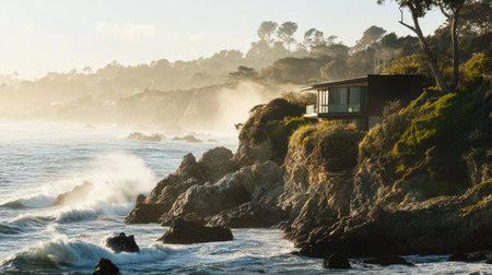 A stunning modern house stands on a rocky cliff, overlooking ocean waves. The tranquil scene captures nature's beauty and architectural harmony with the surroundings.の素材